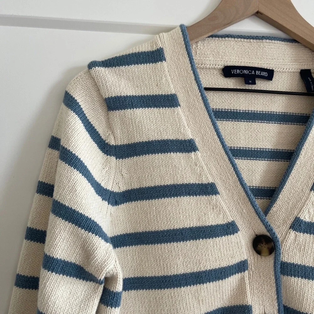 Veronica Beard Noorie Cardigan Sz Medium Ivory Blue Striped Cotton Chic Classic - Picture 8 of 16